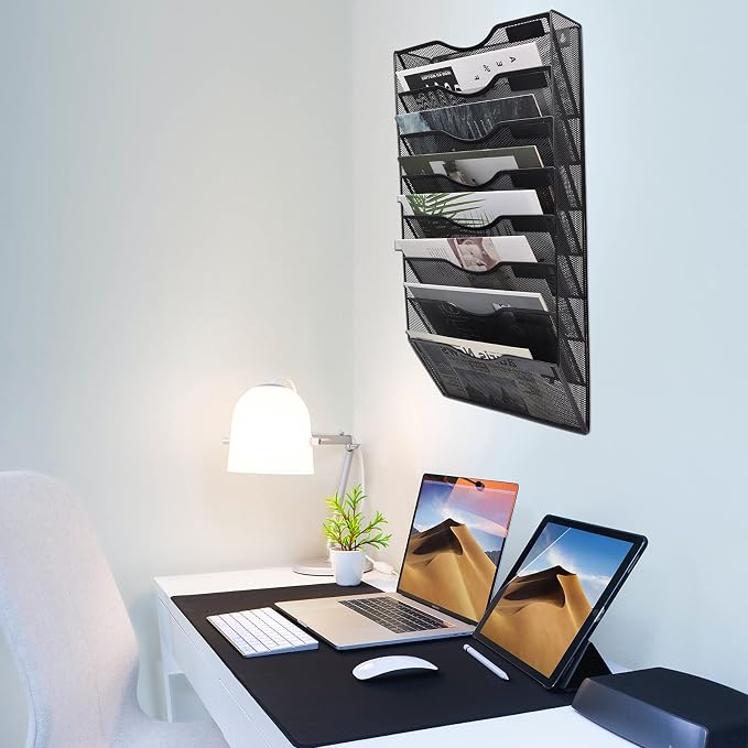 8 Pocket Mesh Hanging Wall File Organizer, Wall Mounted Mail Paper Document Folder Holder, Clipboard Storage Organization Magazine Rack with Nametag Label for Office Home School, Black - Image 6