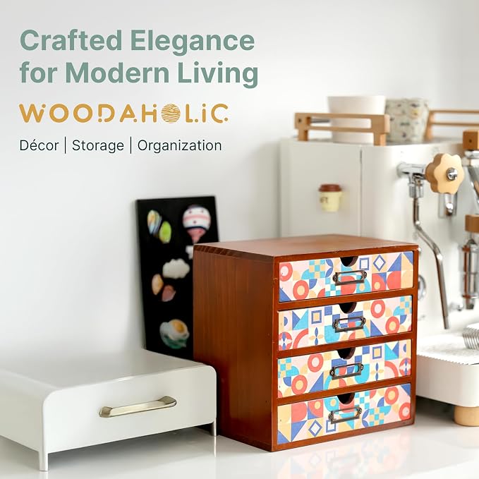 Add Color To Your Desk - MCM Geometric Wooden Desk Organizer - Desktop Storage with 4-Drawer - Wood Cabinet for Office Supplies, Craft Tools, & Home, Countertop, Tabletop Organization - Image 8