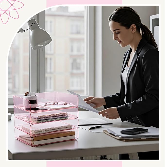 Harloon 4 Tier Pink Acrylic Paper Organizer 13 x 9.8 x 3 Inches Letter Tray Desk File Organizer Stackable Documents Clear Letter Paper Holder Office Tray for A4, Office Home File Desktop Storage - Image 7
