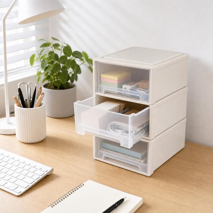 Jekiyo 12 Quart Plastic Stackable Desktop Organizer Drawer Box Pack of 3 - Image 8