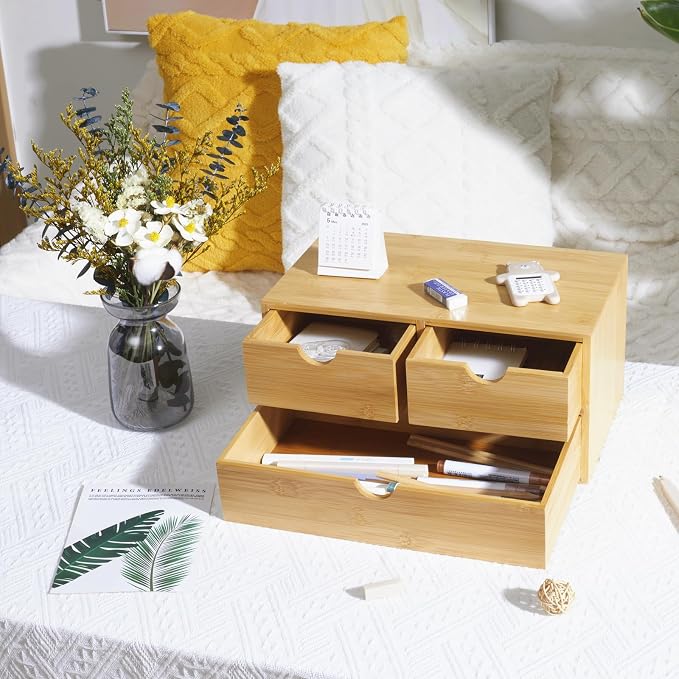 Charmewooden Bamboo Desk Organizer with 3 Drawers, Countertop Organizer with Drawers Makeup Storage Drawer 3 Drawers Tabletop Storage Organization Box Home Office Workspace - Image 6