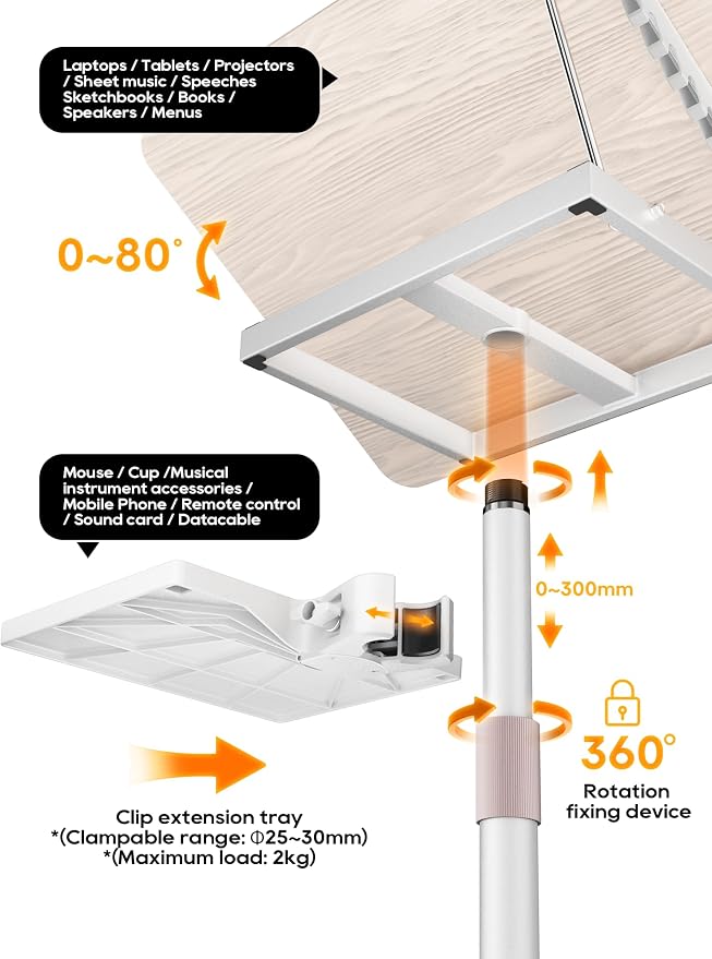 2 in 1 Adjustable Book Stand - Dual-Use Floor and Desktop Book Holder Stand, Height Adjustable 23.5-52 in, Elastic Page Clips for Music Sheet, Recipe, Tablet, Laptop-White - Image 9