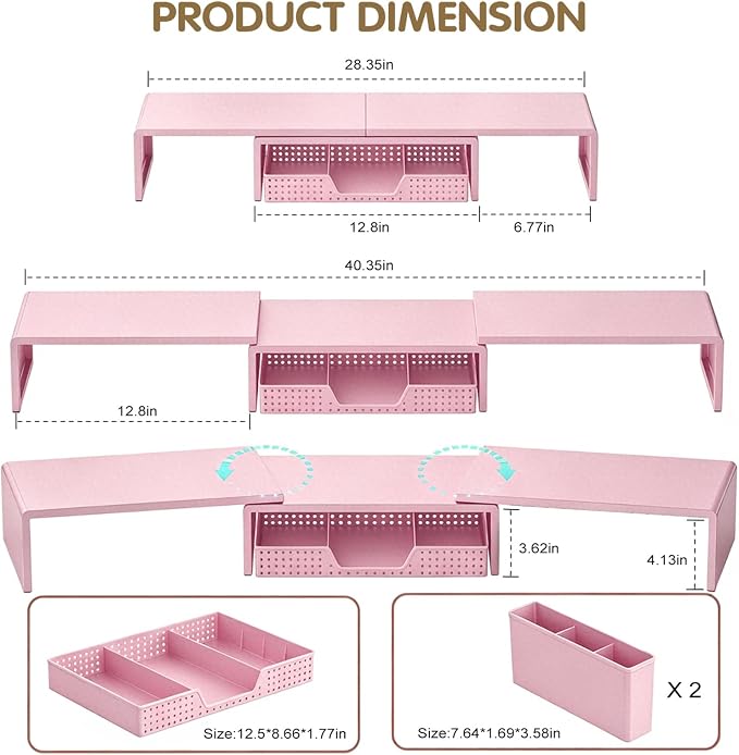 LEKETREE Dual Monitor Stand Riser with Drawer, Desk Organizer and Accessories, Monitor Stand for Desk, Desktop Stand for Computer, Laptop, TV and More (Pink) - Image 7