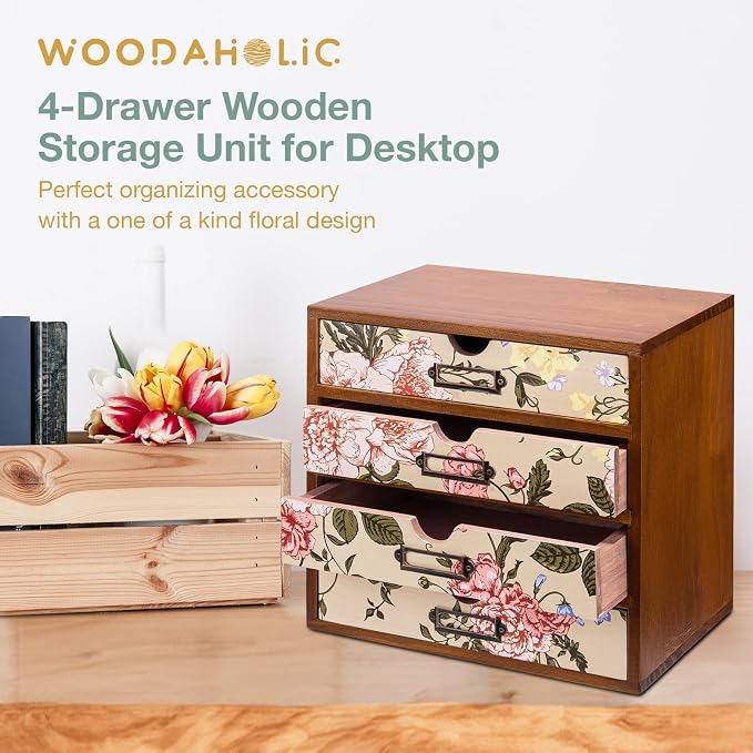 4-Drawer Vintage Desk Organizer with Jacobean Pattern Pastel Flowers Curio Drawer Dresser, Closet, Tabletop - Embroidery Reel Shelf Wood Desktop Organizing Cabinet - Victorian Floral Design - Image 9