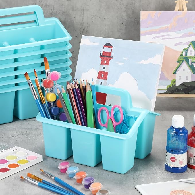 WILLBOND 12 Pcs Classroom Storage Caddies Stackable Utility Caddies with 4 Compartment Plastic Caddy with Handle Portable Storage Bins Organizers for Kids Schools Art Craft Supplies - Image 7