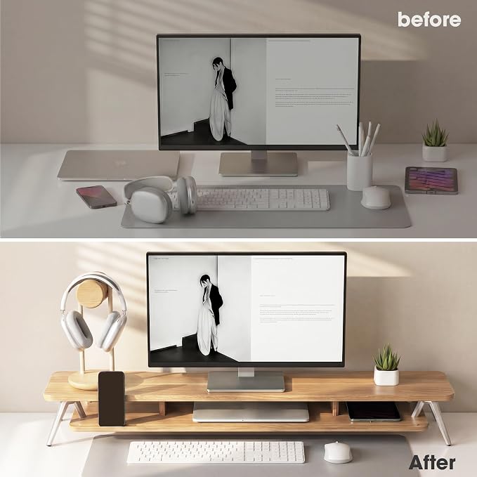 Fenge Dual Monitor Stand Riser, Wooden Desk Shelf with 2-Tier Storage | 42.5-Inch Wide, Sturdy Aluminum Legs, Built-In Phone & Tablet Slot, Desktop Organizer for Office Accessories - Image 8