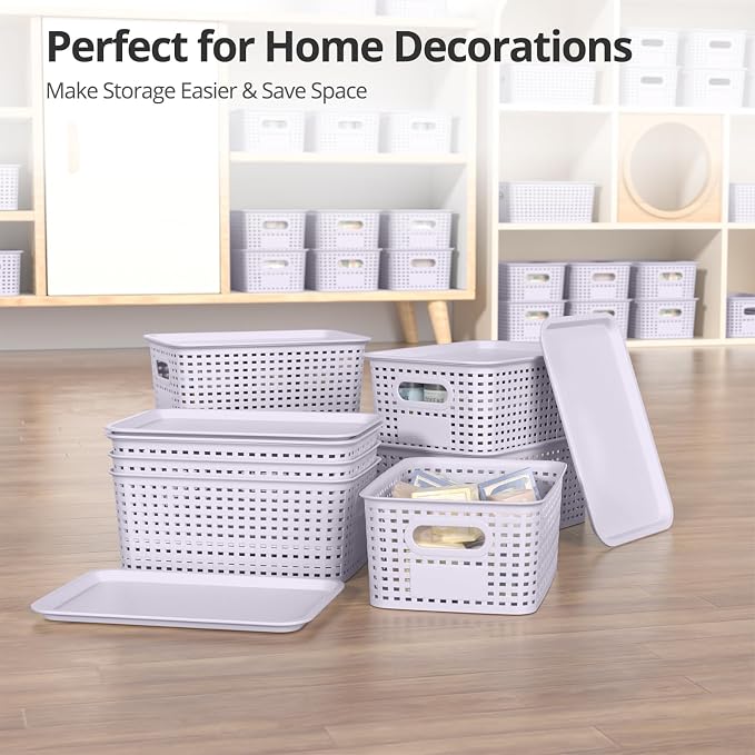Plastic Storage Basket with Lid, Stackable Small Box Bins for Organizing and Containers for Shelves Drawers Desktop Closet Playroom Pantry Classroom Office Home, 8 Pack 10.2"x7.2"x4.1" Lavender - Image 7