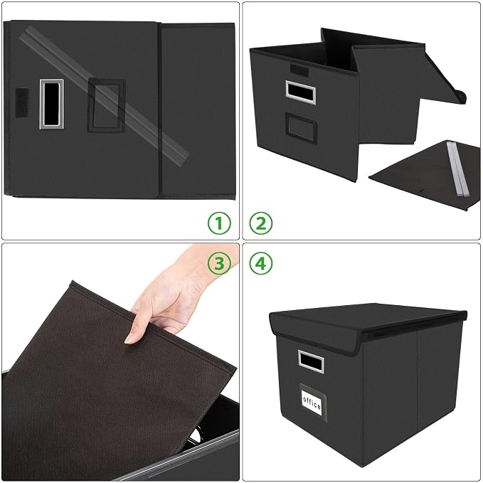 File Organizer Box with Lids, Collapsible File Folder Organizer | File Box with Plastic Slides for Document, Filing Bin for Letter Size Hanging File Folders (4 Pack, Black, Leather) - Image 8