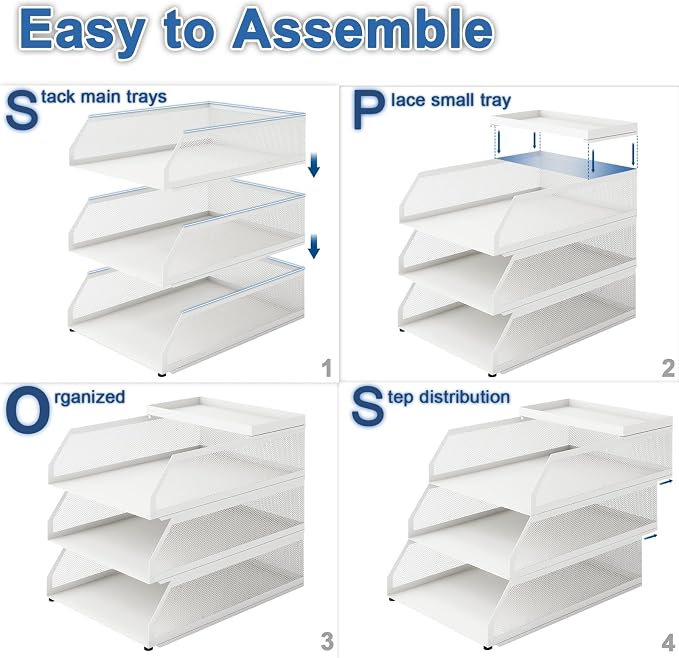 Natwind 3-Tier Stackable Metal Mesh Desk Paper Tray Organizer, White | Desktop Accessories for Office Supplies, Letter Tray For Paper Storage ,File Document Holder For Home School Classroom - Image 7