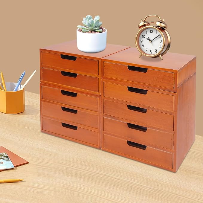 4-Pack 4 Drawer Desktop Storage Organizers, Desktop Wood Stackable Drawer Cabinet, Vintage Tabletop Card Catalog Cabinet for Home Office Study Rooms - Image 8