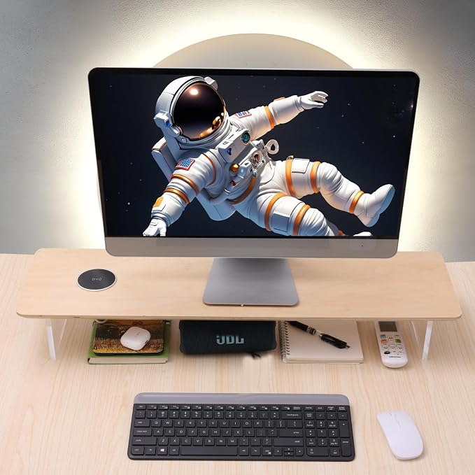 SUIBIAN White Monitor Stand Riser with Wireless Charging 31.5Inch Large, Computer Monitor Stand,Wooden Desktop Organizer Shelf for Office Desk Computer,Laptop,TV (White Oak) - Image 6