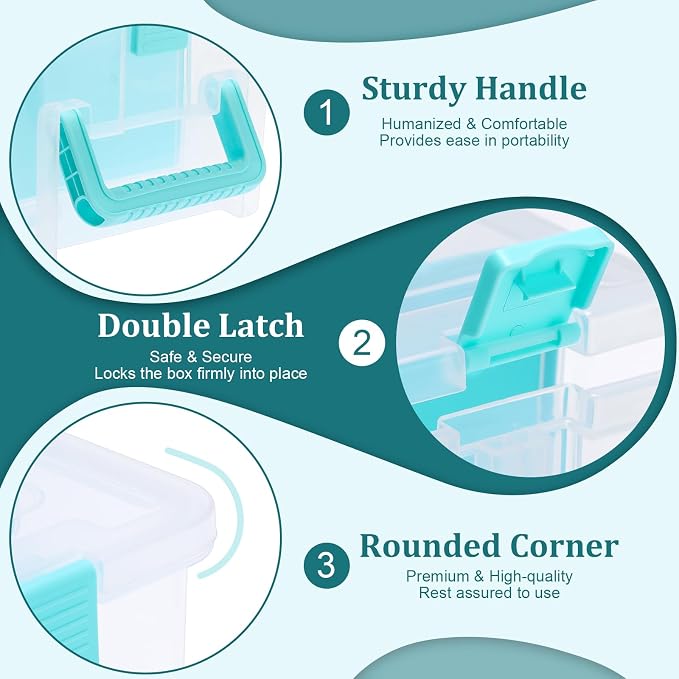 BTSKY Clear Plastic Dividing Storage Box with 4 Deep Compartment Sewing Box | 13.9x7.9x6.2 Inches Adjustable Storage Bin with Lid Portable Craft Storage Container Multipurpose Art Supply Organizer Blue - Image 9