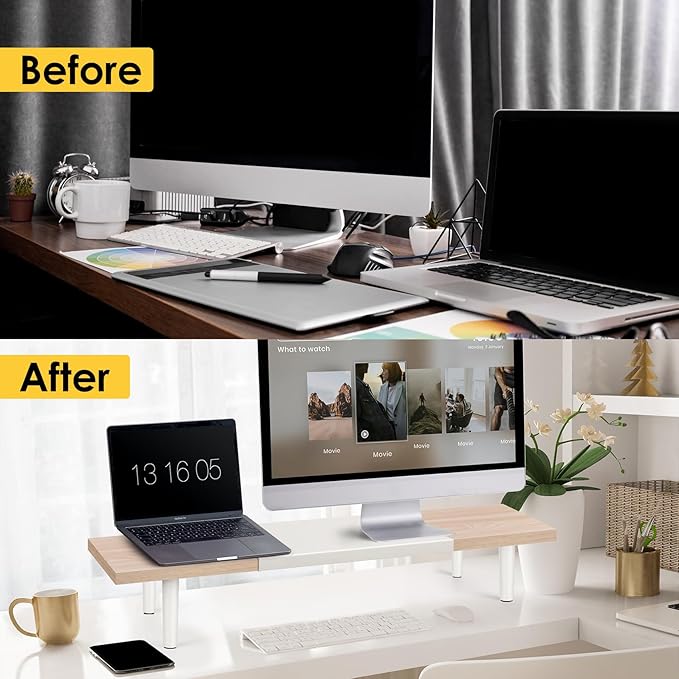 Across-Star Dual-Monitor-Stand-Riser-For-Desk Adjustable Length 32-40 Inch,Large Desktop Computer Monitor Riser For 2 Screens,Desk Shelf Organizer Riser Stand For Computer/Laptop/PC/Printer/TV Black - Image 7