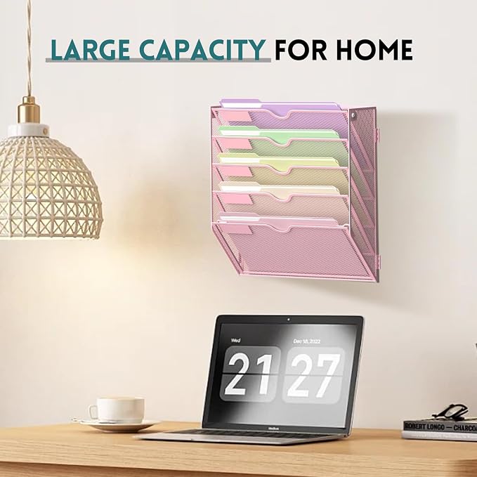 5 Tier Wall File Organizer, Hanging Wall Mounted Mail Organizer with Label Slots, Metal Mesh File Holder Magazine Rack for Office, Home, School, Pink - Image 7