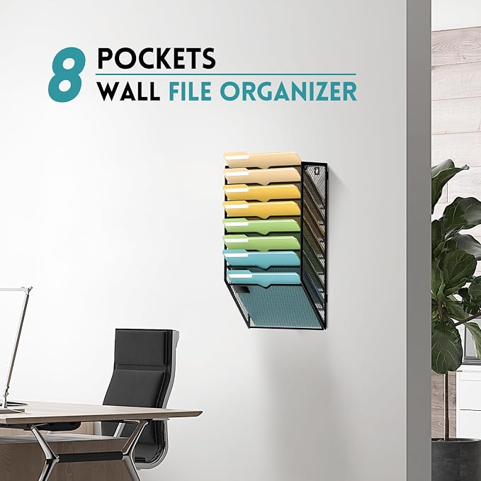 8 Tier Wall File Organizer, Hanging Wall Mounted Mail Organizer with Label Slots, Metal Mesh File Holder Magazine Rack for Office, Home, School or Classroom, Black - Image 7