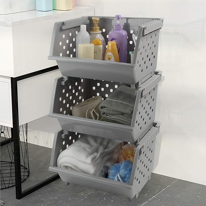 3 Pack Stacking Open Front Storage Bins, Gray Stackable Basket | Plastic Pantry Storage Basket Rack for Vegetable Fruit Snack Toy - Image 7