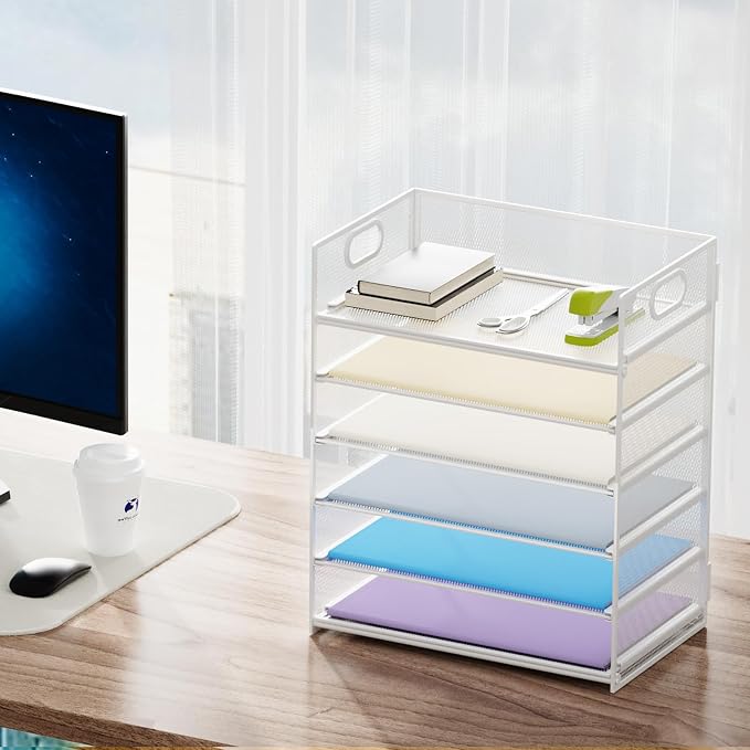 Marbrasse 2 Pack Desk Organizer with Handle, 6 Tier Paper Letter Tray, Mesh Desk File Organizer for Office, School and Home - Whtie - Image 6