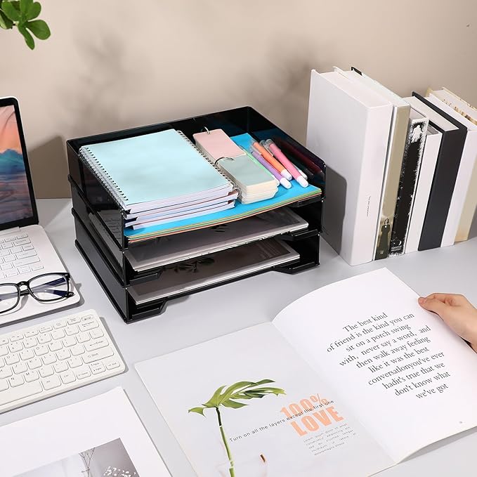 DoubleFill 4 Pcs Stackable Letter Tray Rectangular Plastic Desk Organizer 13 x 9.5 x 2.6 in Paper Holder File Tray Accessories Rack for Desktop Office Desk Drawers (Black) - Image 7