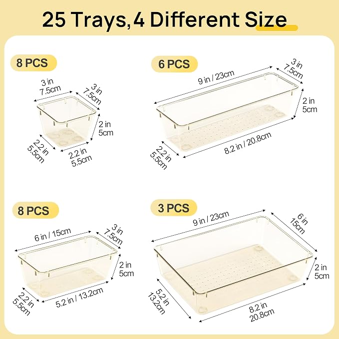 Vtopmart 25 Pack Plastic Drawer Organizers with Non-slip Rubber Pads | 4-Size Versatile Makeup Organizer, Storage Containers Small Bins for Makeup, Jewelries, Bedroom, Kitchen Utensils and Office - Image 7