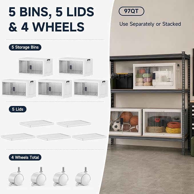 OlarHike 97QT Storage Bins with Lids for Closet, Garage, Shelves, 5 Pack | Multi-Lid, Lockable, Large Capacity, Doors & Wheels, Foldable Containers, Stackable Organizer, Plastic Drawers, School, Dorm - Image 9