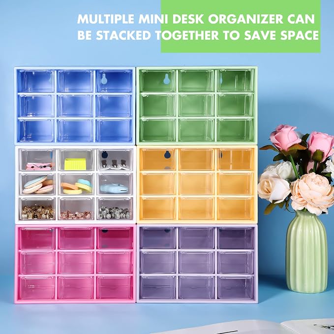 Rtteri 9 Pieces Mini Drawer Organizer Plastic Desktop Storage Box Desk Craft Organizer with 9 Clear Drawers for Office Home Jewelry Small Parts Belongings Cosmetics Collection, Wall Mounted (White) - Image 7