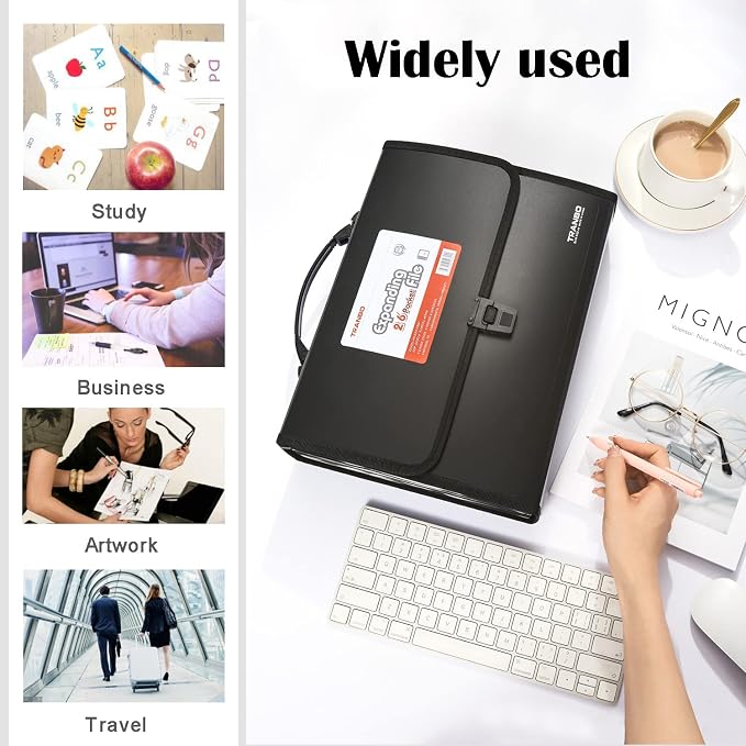 25 Pockets Letter Size/A4 Accordion File Organizer with Handle, TRANBO Expanding File Folder, Expandable Document Paper Organizer for Travel School Office - 1 Pack - Image 7