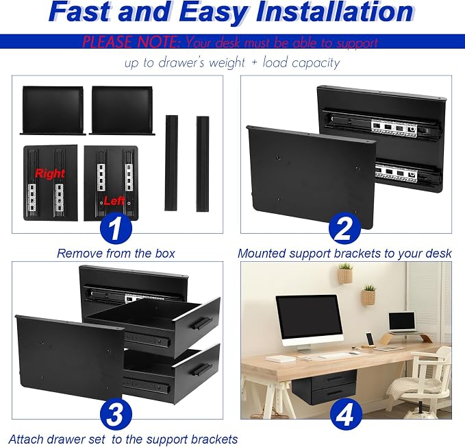 16'' Under Desk Drawer Slide-out Steel Under Counter Drawers Storage Organizer Large Hidden Pull-out Tray for Table Desks Home Office Workstation(Black,2 Layer) - Image 7