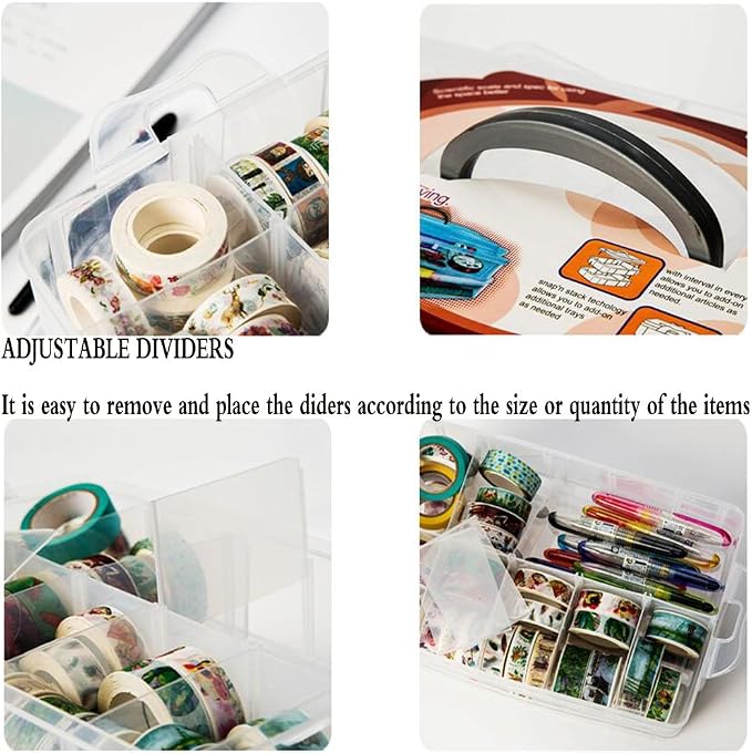 HomDSim Washi Tape Box Organizer Storage,Divider Closet Container,with 18 Adjustable Compartments,Clear,Masking Tape Desktop Tape DIY Sticker Roll Tape Cutter Holder Storage,Finger Safty Dispenser - Image 7