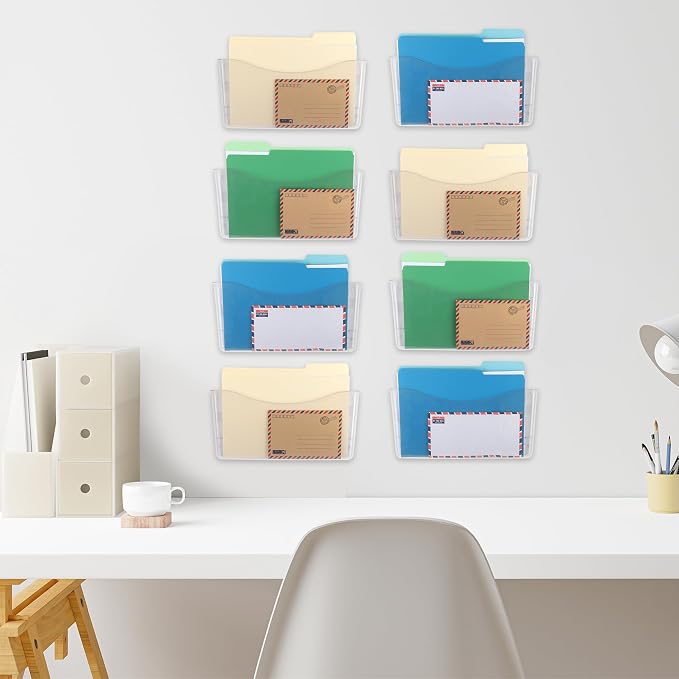 8 Pack Clear Single Pocket Hanging File Organizer, Plastic Wall Mount Paper Mails Magazines Holder, Mounted Folder Bins for Office, School and Home, 13.85x3.14x6.88 inches - Image 6