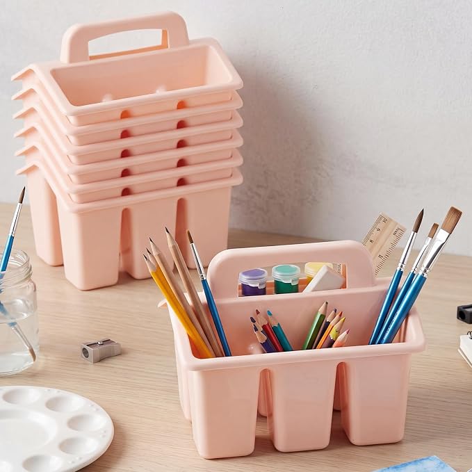WILLBOND 12 Pcs Classroom Storage Caddies Stackable Utility Caddies with 4 Compartment Plastic Caddy with Handle Portable Storage Bins Organizers for Kids Schools Art Craft Supplies(Pink) - Image 7