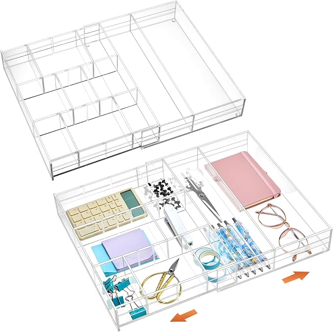 Briwooody 2 Pcs Acrylic Desk Drawer Organizer Maximum 11.8 x 17 x 1.9 Inch Expandable Drawer Organizer Trays with 7 Adjustable Compartments Desk Accessories for Makeup Silverware Office Bathroom - Image 8