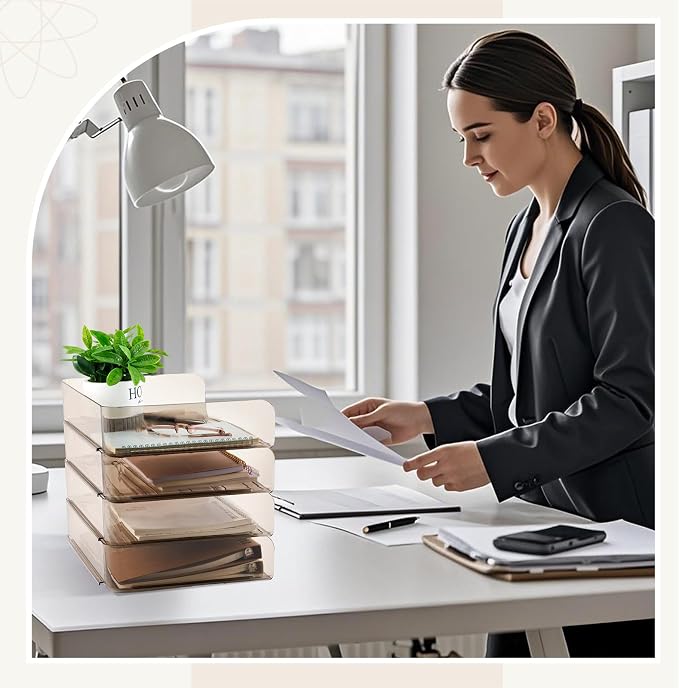 Harloon 4 Tier Clear Gray Acrylic Paper Organizer Letter Tray, Aesthetic Stackable Desk File Organizer Holder Office Tray for A4, Modern Home Office File Pad Books Notes, 13 x 9.8 x 3 Inches - Image 7