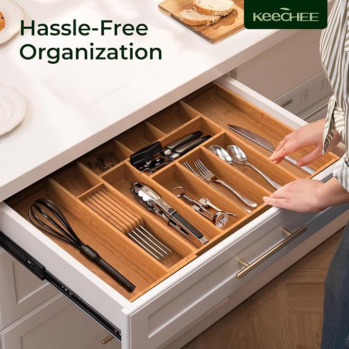 keechee Carbonized Large Bamboo Kitchen Drawer Organizer, 12 Slots Expandable Silverware Organizer, Utensil Holder & Cutlery Tray, 2.5" Deep for Extra Capacity, Non-Slip Feet Included - Image 9