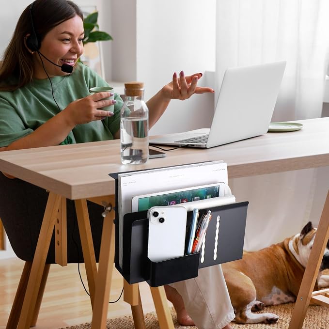 LUKETURE Desk Side Storage, 2 Tie Laptop Holder No Drill Clamp On Organizer | Steel Side Desk Organizer, Clamp on Laptop Mount with Pen Holder, Hanging Storage for Home Office, Fits 0.3" to 2.8" - Image 9