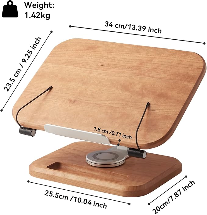 Book Stand for Reading, Mayhas Adjustable Book Holder with 360° Swivel Base&Page Clips, Foldable Desktop Stand for Cookbook, Fits All Books (Cherry Wood, Wood Base) - Image 6