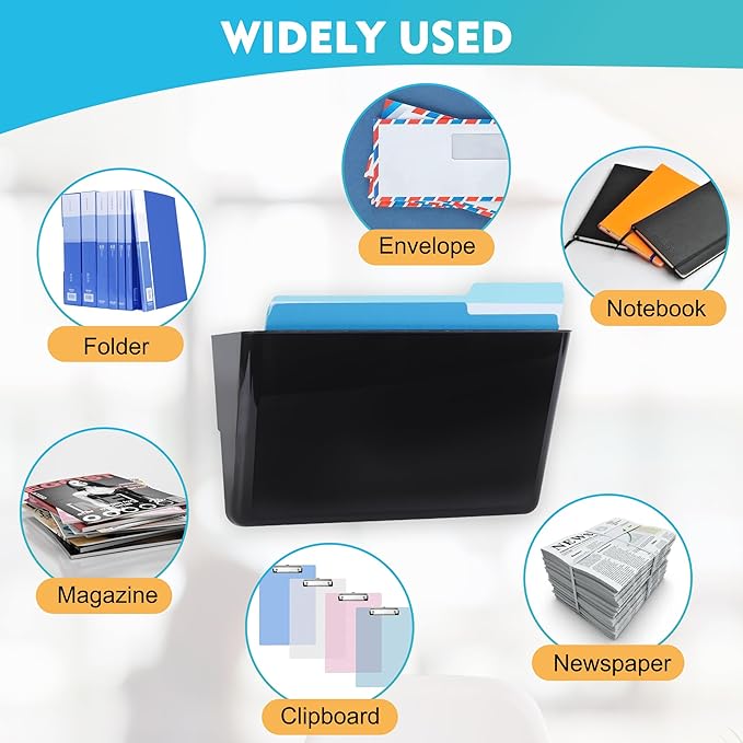 4 Pack Black Single Pocket Hanging File Organizer, Plastic Wall Mount Paper Mails Magazines Holder, Mounted Folder Bins for Office, School and Home, 12.99x4.13x7.48 inches - Image 6