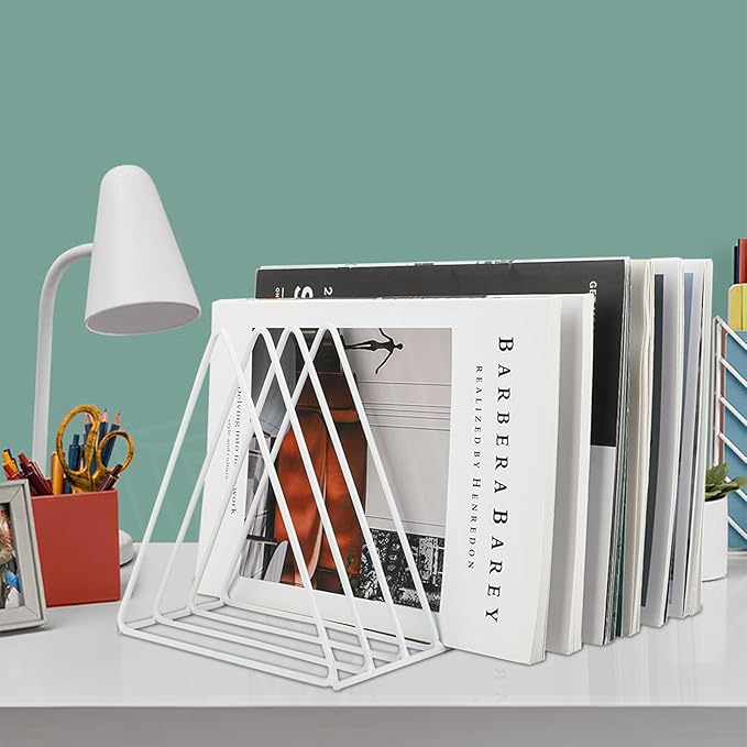 Vinyl Record Holder Storage, 9 Slot Metal Magazine Book Album Display Rack, Stylish Triangle Desktop File Sorter Organizer for Home Office, White - Image 8