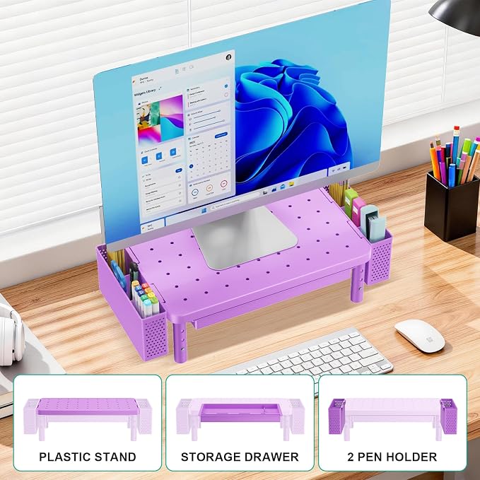 WALI Computer Monitor Stand with Storage, Desk Organizer with Drawer and Pen Holder, Desk Monitor Riser 3 Height Adjustable, Laptop Riser for Laptop, Printer (PTT003-V), 1 Pack, Violet - Image 8
