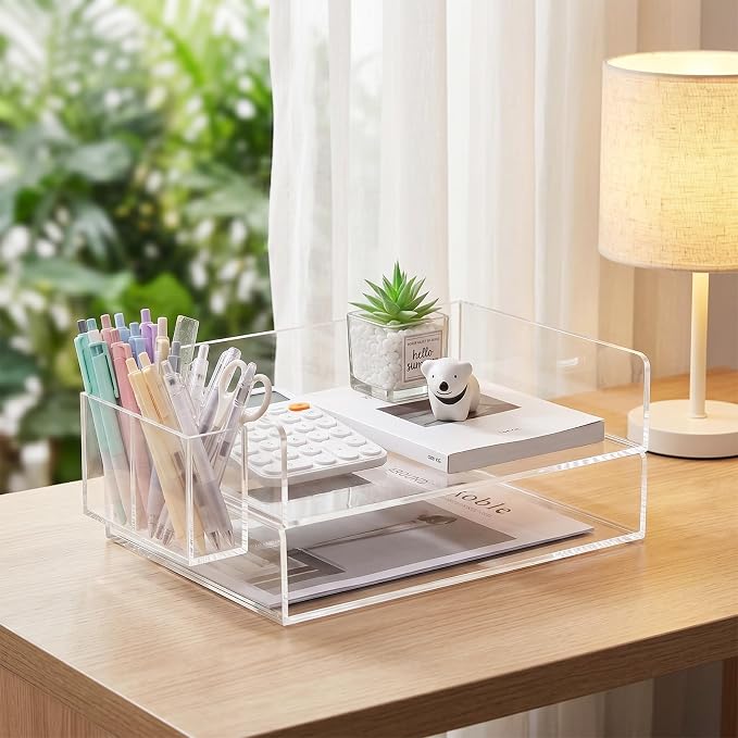 2 Pack Acrylic Paper Tray and Pen Holder Organizer for Desk Clear File Organizer,Acrylic Desk Organizers and Accessories Sorter,Perfect for File Paper, Ipad, Letter, A4 Office File, Books, Notes. - Image 5