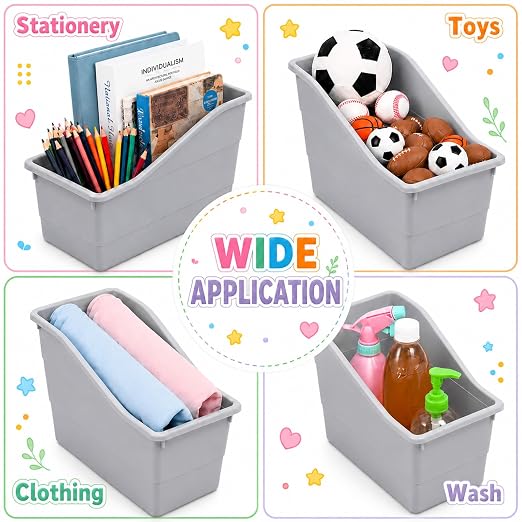 12 Pack Large Book Bins, Durable Magazine Organizer File Holder Quality Plastic Book Storage Bins with Labels for Classroom Library, Office, Desktop Organization, Bookshelf Categorization (Grey) - Image 7