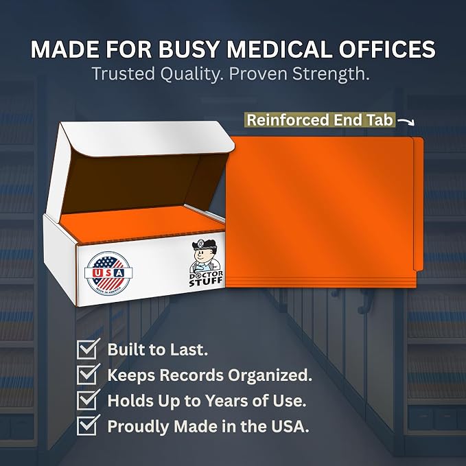 Orange File Folders, Doctor Stuff, Letter Size Reinforced End Tab Folder with 2" Bonded Fastener on Inside Back, 14 pt Stock, Box of 50 - Image 9
