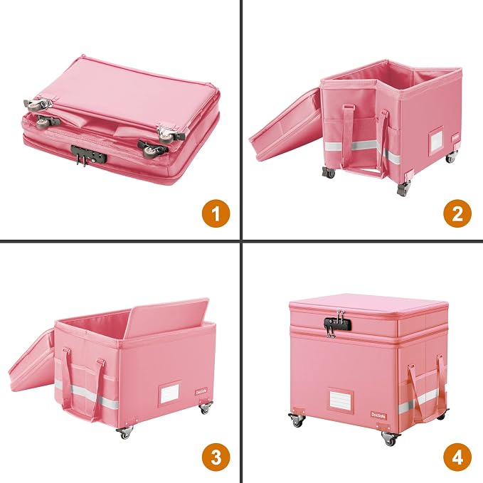 DocSafe File Box with Lock,2-Layer Fireproof Document Box with Wheels,Collapsible Rolling File Storage Organizer with Pockets,Large Portable Home Office Filing Cabinet Safe for Hanging Folders,Pink - Image 9