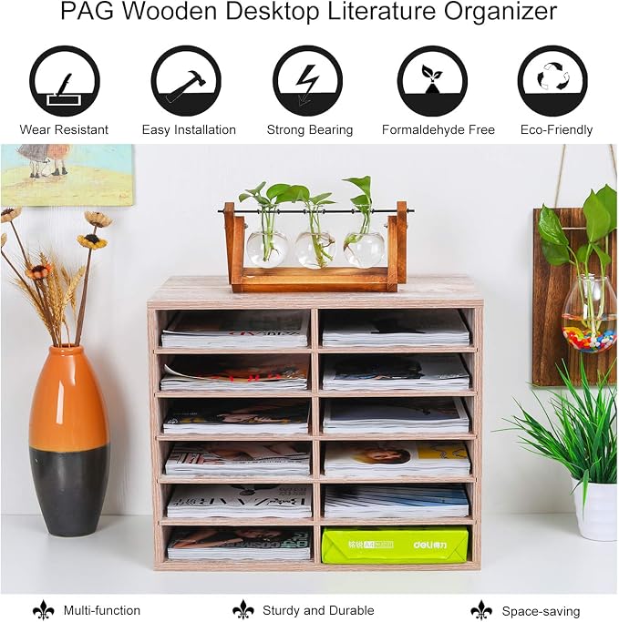 Countertop Mail Sorter Organizer, Wooden Literature Organizer, Student Mailbox for Classroom, Desktop Bill Organizer for Office Home School, 12 Compartments, Retro White - Image 6