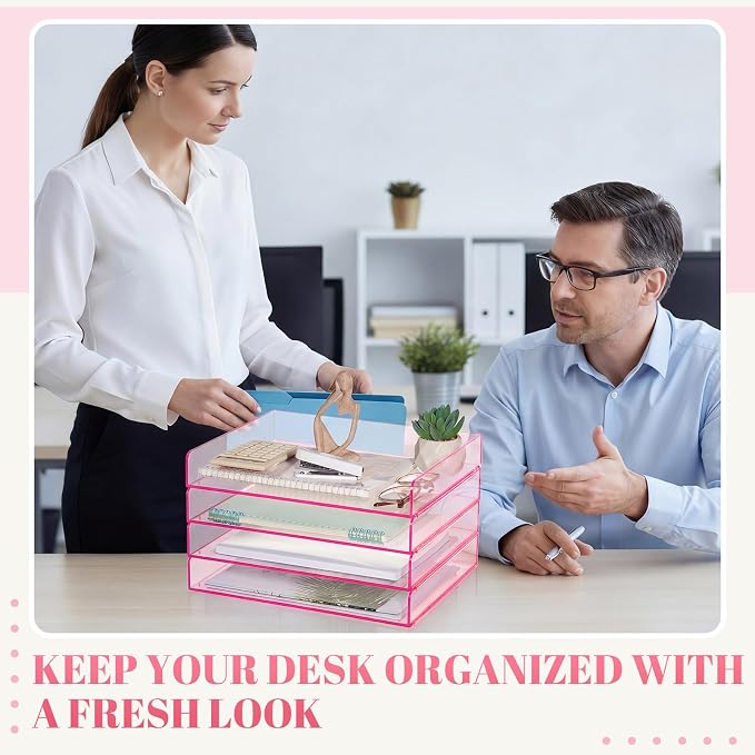 Harloon 4 Tier Clear Hot Pink Acrylic Paper Organizer Letter Tray, Aesthetic Stackable Low Profile Desk File Organizer Modern Heavy Duty Paper Holder Tray for A4, Office Home File Pad Books Notes - Image 7