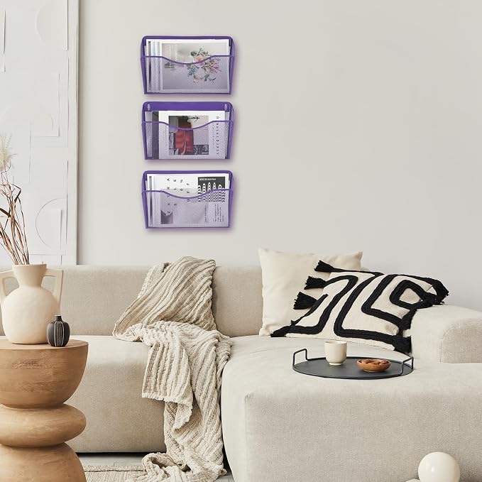 3 Single Pocket Mesh Hanging File Organizer, Vertical Wall Mounted Magazine File Holder, Mount Basket Mail Paper Document Folder Organizing for Office, Home and School, Purple - Image 7