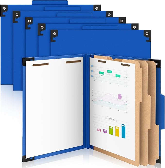 Henoyso 10 Pcs Hanging Classification Folders with Prongs, 3 Divider/ 8 Section, Letter Size, 8 Fasteners, 4 Inch Expansions, 1/3-cut Tab Pressboard File Folder for Office School Medical(Dark Blue) - Image 7