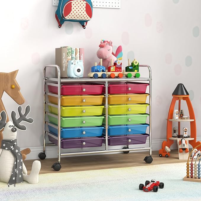 GOFLAME 12-Drawer Rolling Storage Cart, Multifunctional Art Craft Organizer Cart, Mobile Utility Storage Cart with Removable Drawers & Lockable Wheels, Craft Cart for Home Office School, Rainbow - Image 9