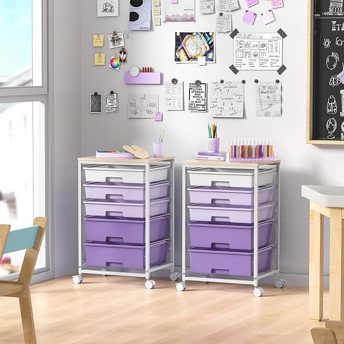 SYKIARIOL Utility Cart with 5 Drawers with Wooden Top,Purple | 5-Tiers Storage Cart with Drawers with Lockable Wheels for Craft Organizers and Storage,Home Office,Classroom,Dorm ,Playroom - Image 9