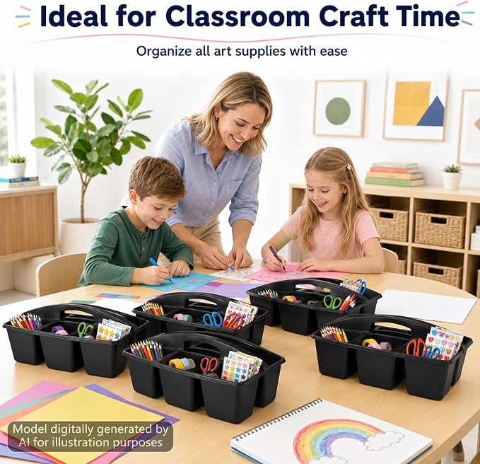 6 Pack Assorted Colors 6 Compartment Classroom Caddy with Handle Portable Plastic Storage Classroom Caddies Organizer for Classrooms Supply Teacher Office Table Desk(Black) - Image 7