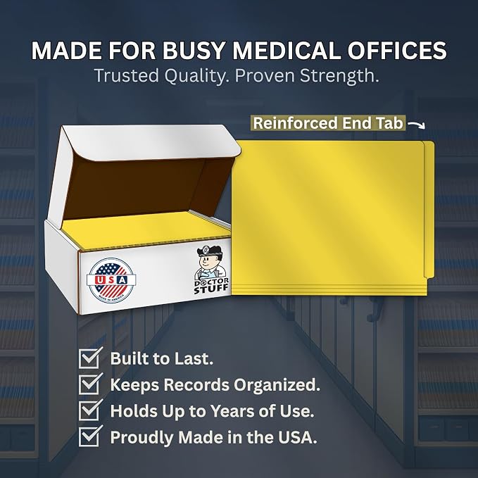 Yellow File Folders, Doctor Stuff, Letter Size Reinforced End Tab Folder with 2" Bonded Fastener on Inside Back, 14 pt Stock, Box of 50 - Image 9